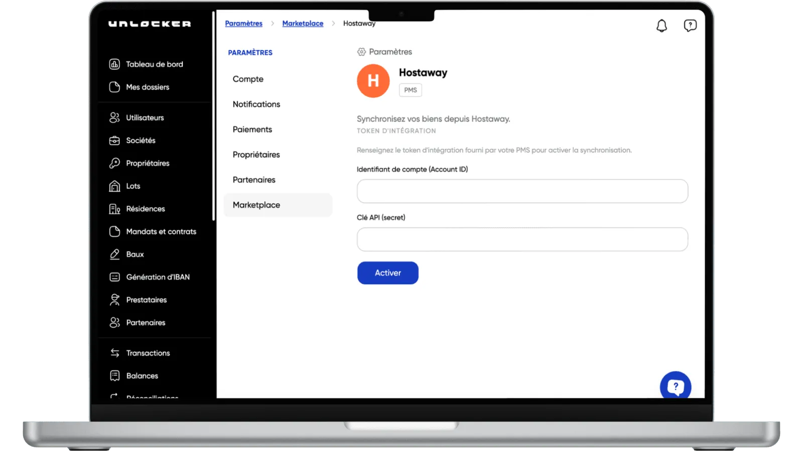 Activating the Hostaway integration in Unlocker: Settings, Marketplace, integration token, then Activate