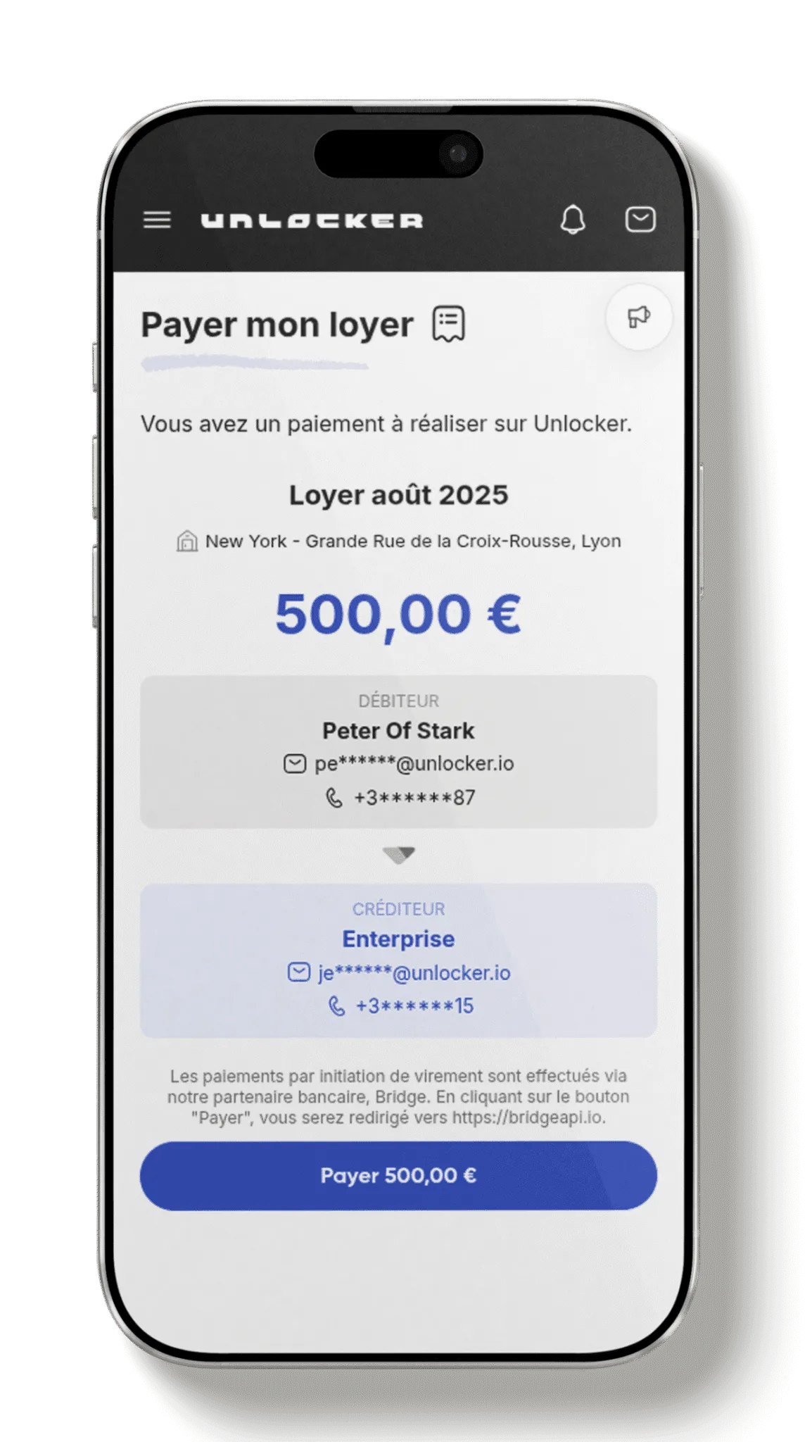 Confirmation d'un virement dans l'application Unlocker