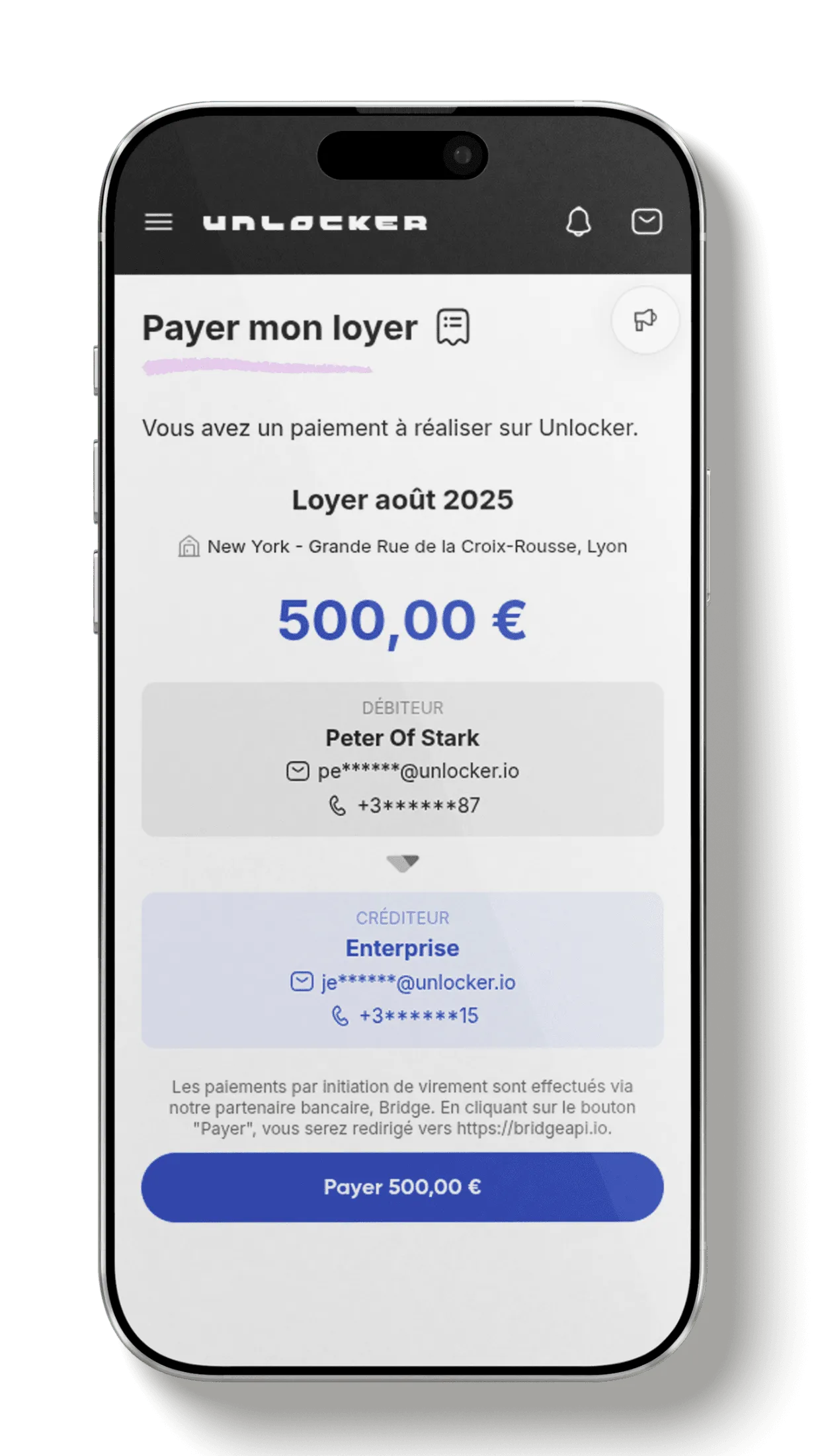 Écran d'initiation de virement dans l'application Unlocker