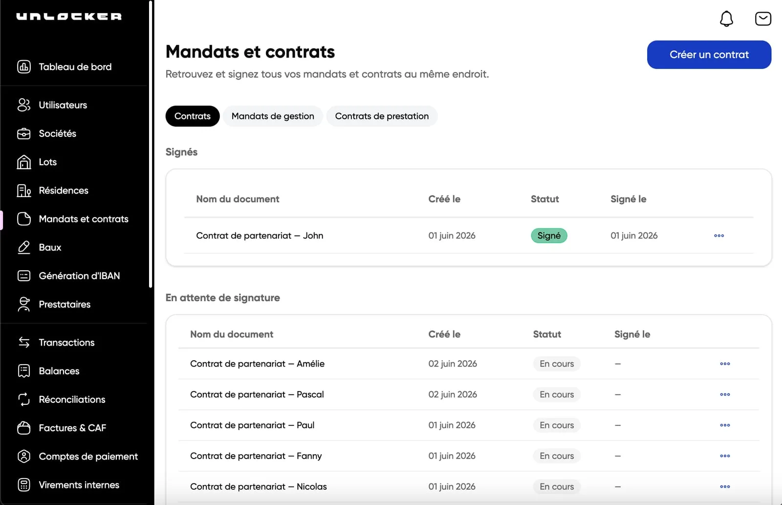 Document list in the Unlocker Mandates and contracts tab