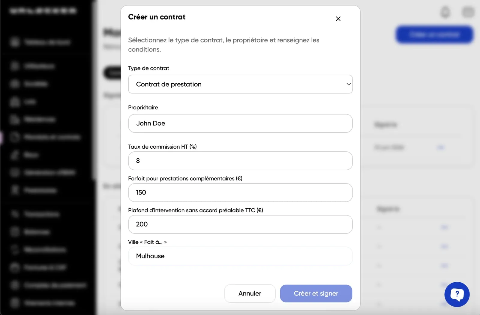Contract creation form in Unlocker