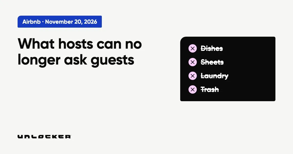 Cover: what Airbnb hosts can no longer ask guests from November 20, 2026, with dishes, sheets, laundry and trash crossed out.