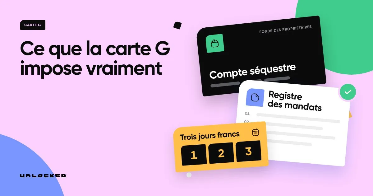 Illustration : les trois obligations de la carte G, un compte séquestre pour les fonds des propriétaires, un registre des mandats et un délai de trois jours francs.