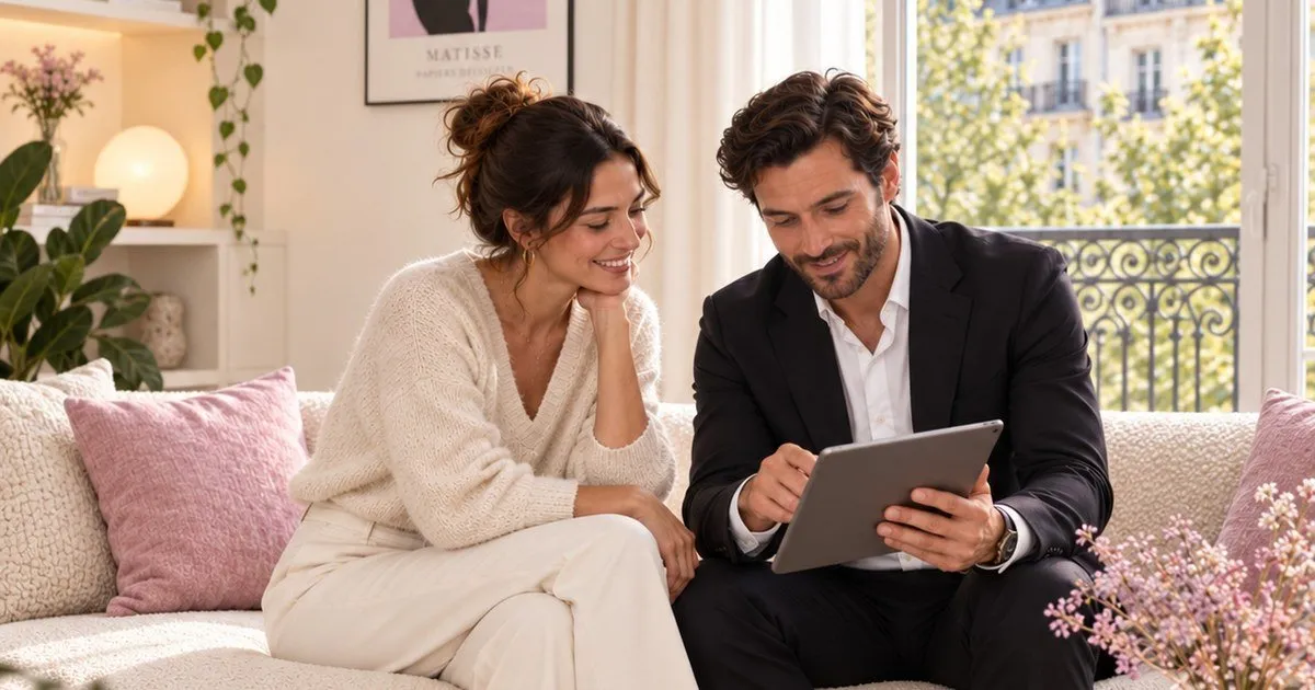 Un gestionnaire de conciergerie présente une tablette à une propriétaire dans un salon parisien lumineux.