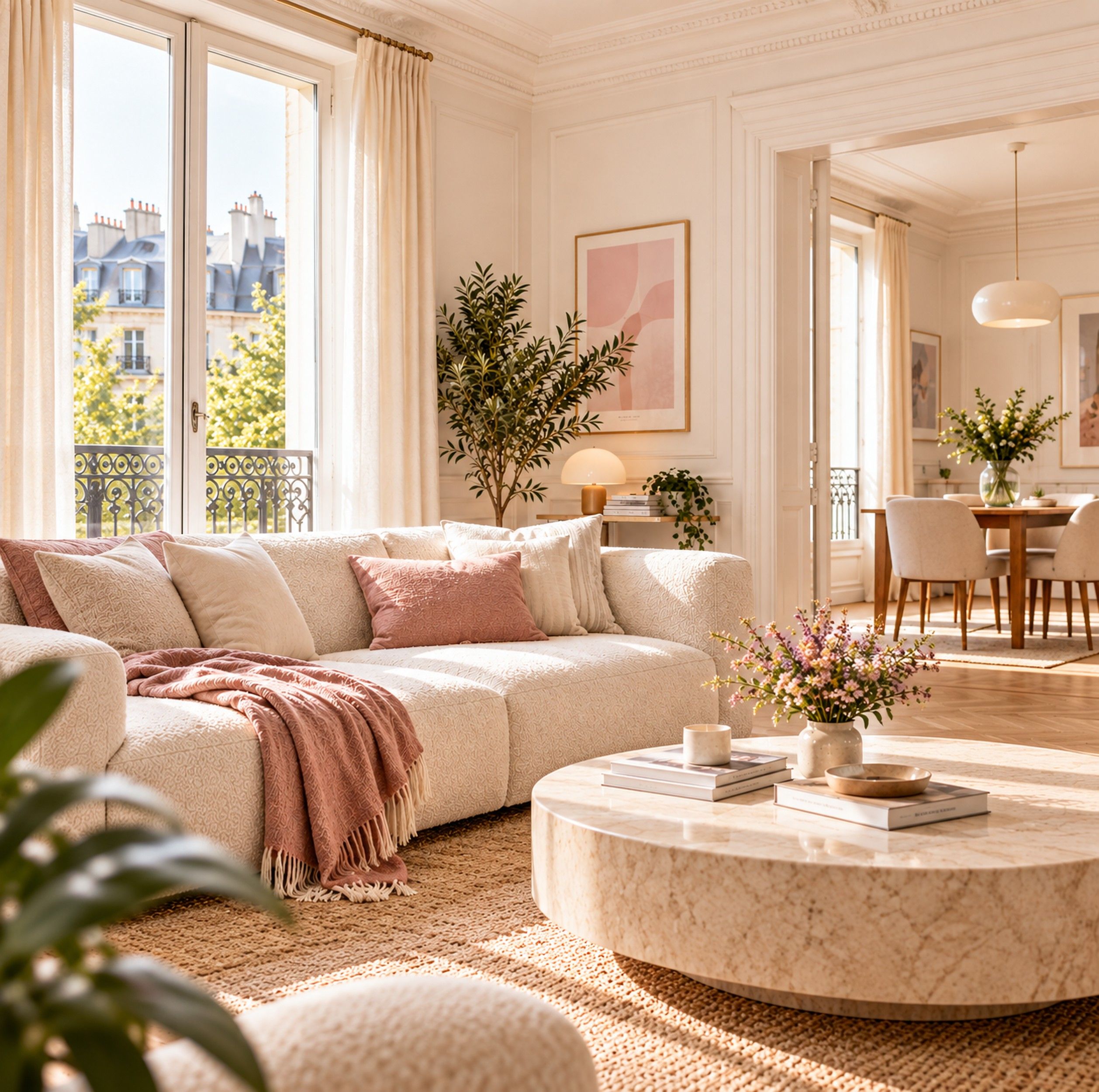 Un salon lumineux, propre et rangé, aux tons chauds, prêt pour de nouveaux occupants.