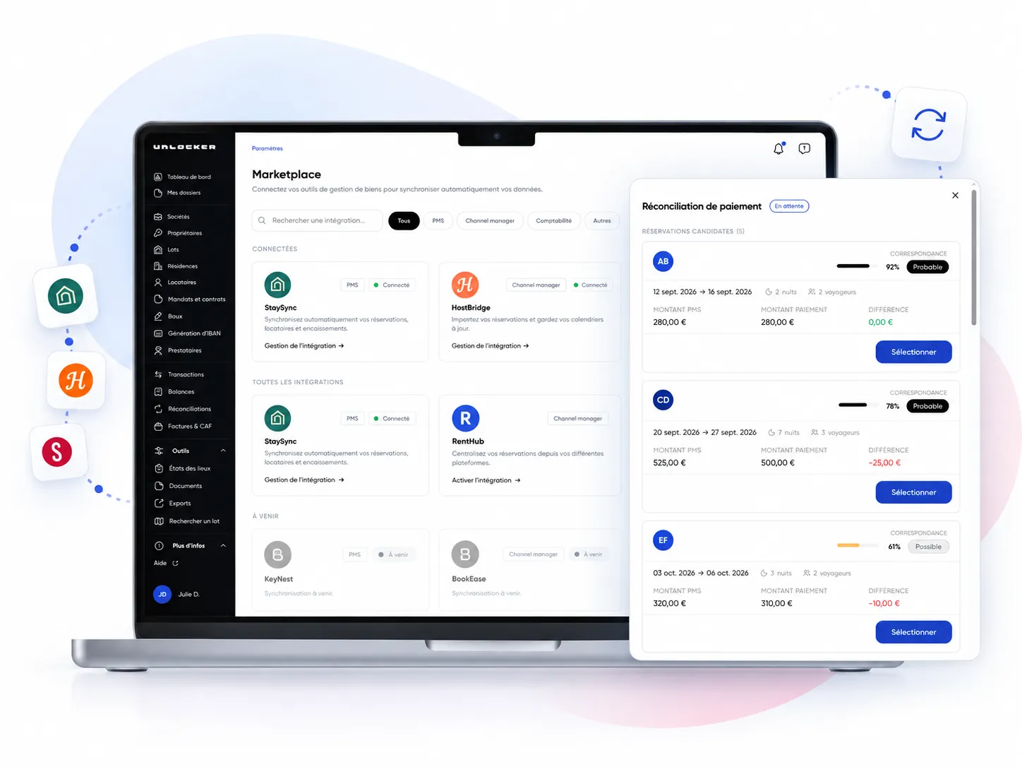 Integrations marketplace and payment reconciliation in Unlocker (French interface)