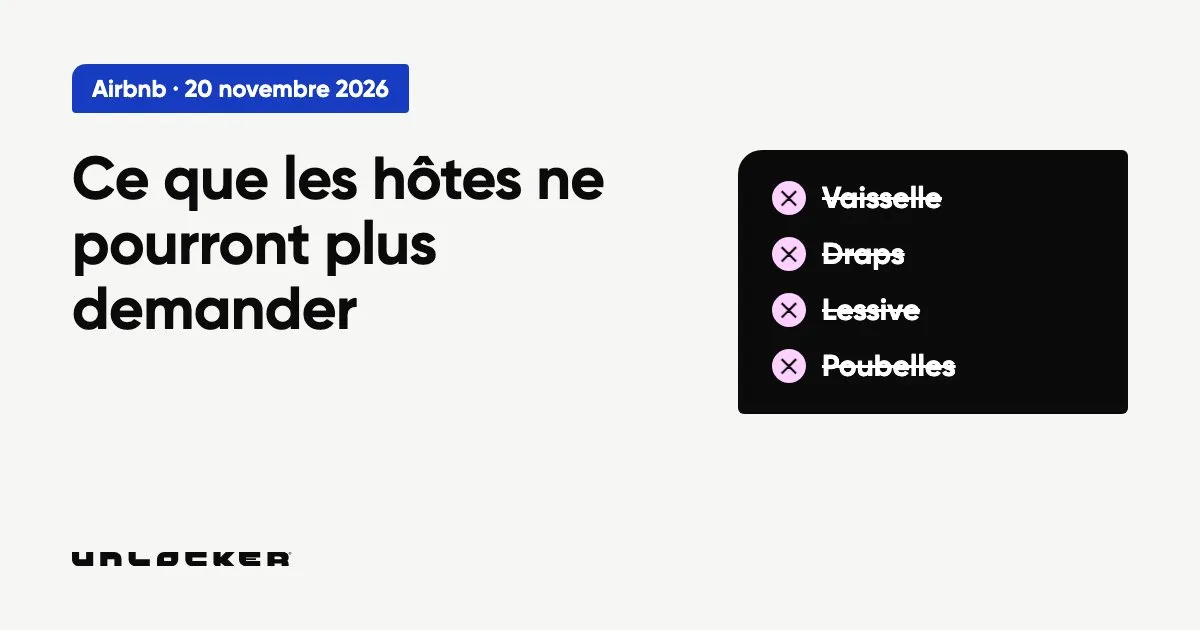 Couverture : ce que les hôtes Airbnb ne pourront plus demander à partir du 20 novembre 2026, avec vaisselle, draps, lessive et poubelles barrés.