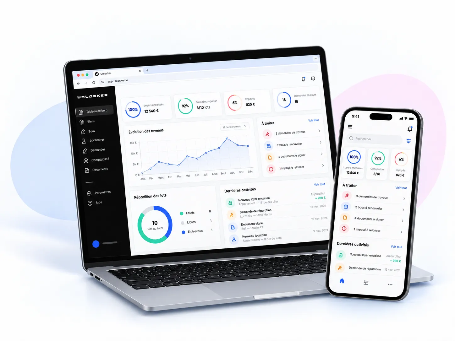Unlocker dashboard on desktop and mobile (French interface)