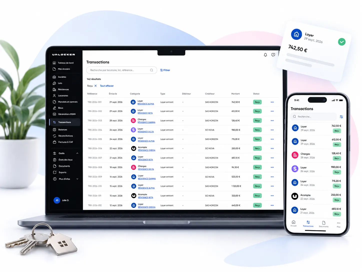 Unlocker transaction list on desktop and mobile (French interface)